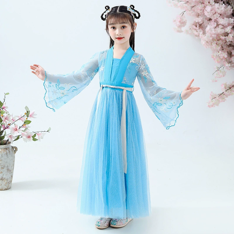 Spring Hanfu for princess, blue flower girl dress, Chinese style, western style