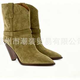 新款橄榄绿磨砂西部牛仔靴女尖头粗跟短靴 欧美风高跟骑士靴 工厂