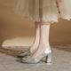 High Heel Shoes Women's 2024 New Square Head Thick Heel plus size silver Women's Shoes Plus Size Widened Rhinestone Square Buckle Small Size