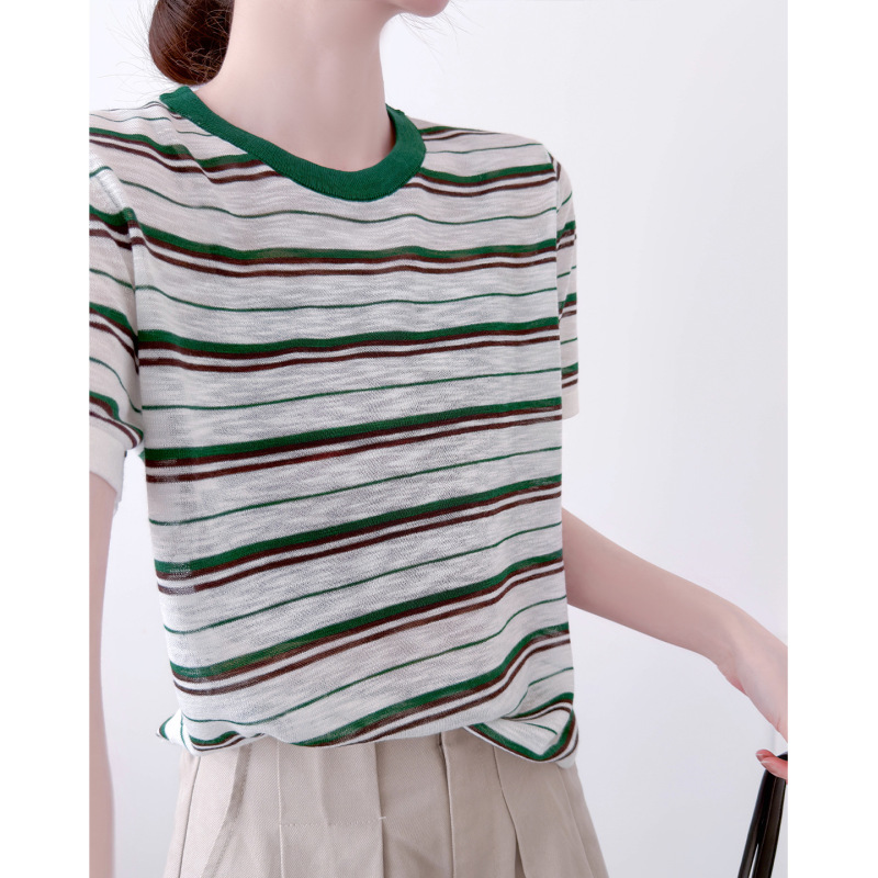 Keruli Bamboo Texture Contrast Color Striped Ice Silk Knit Slim-Fit Round Neck Short-Sleeve T-Shirt Top for Women Summer Keruli Bamboo Texture Contrast Color Striped Ice Silk Knit Slim-Fit Round Neck Short-Sleeve T-Shirt Top for Women Summer