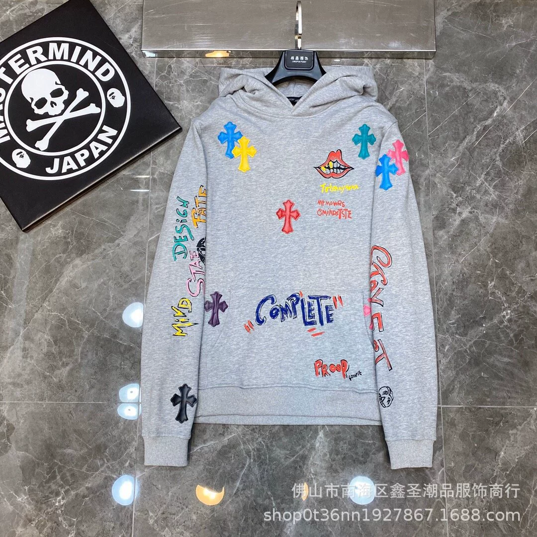23SS модный бренд Chrome Hearts хромированный красочный кожаный свитер с капюшоном с санскритом и ручной росписью в стиле граффити