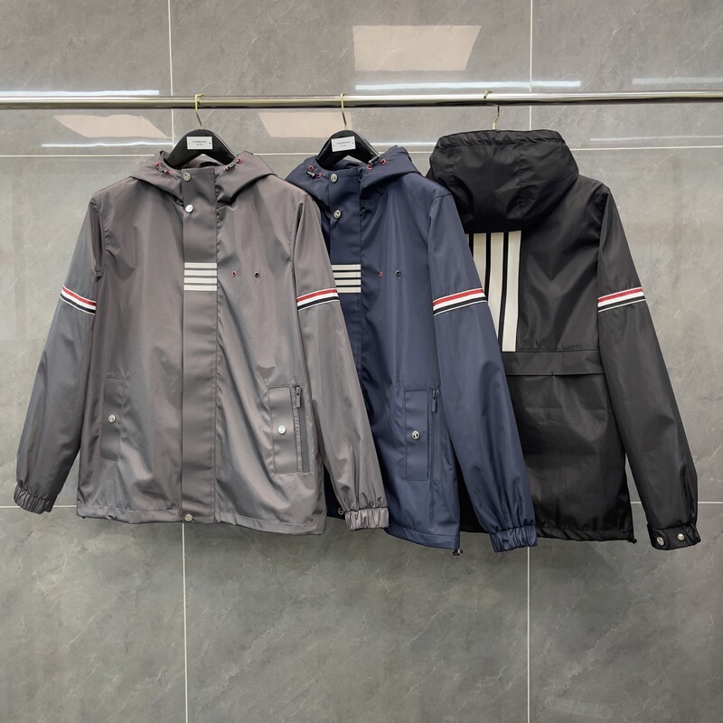 Trendy TB Spring New Reflective Strip Four Bars Double Sleeve Red White Blue Zipper Hooded Jacket Coat for Men and Women