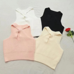 法式甜辣妹交叉高級感水貂絨毛線針織吊帶背心女內搭打底秋冬上衣