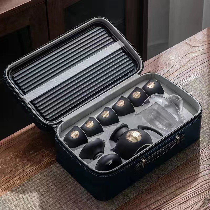 黑陶瓷旅行功夫茶具套裝可logo便攜戶外辦公商務禮品陶瓷茶具茶盤