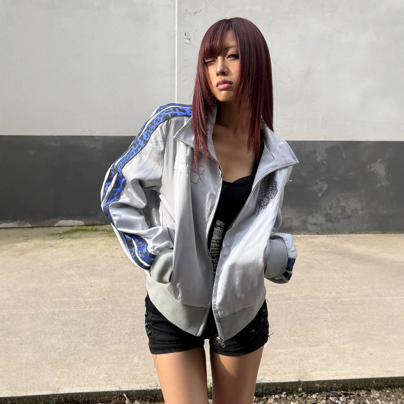 American retro subculture punk style Y2K embroidered satin color-blocked knit cardigan, unisex, for autumn and winter