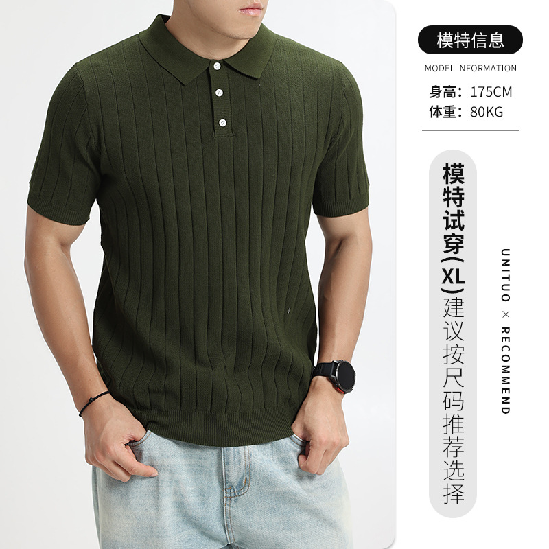 Hombre de verano de hielo de seda de punto polo camiseta de collar de manga corta europea y americana explosión de negocios casual alta sensación superior