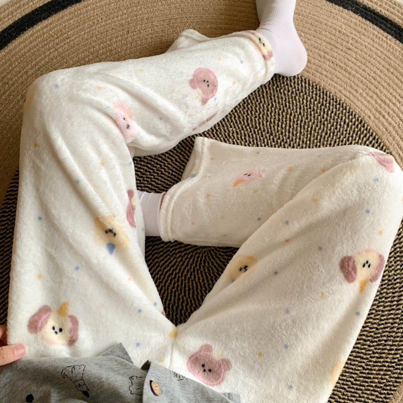 Pantalones de pijama de franela de dibujos animados de otoño y invierno para mujeres con pantalones de lana de coral caliente para estudiantes de lana de invierno para el hogar