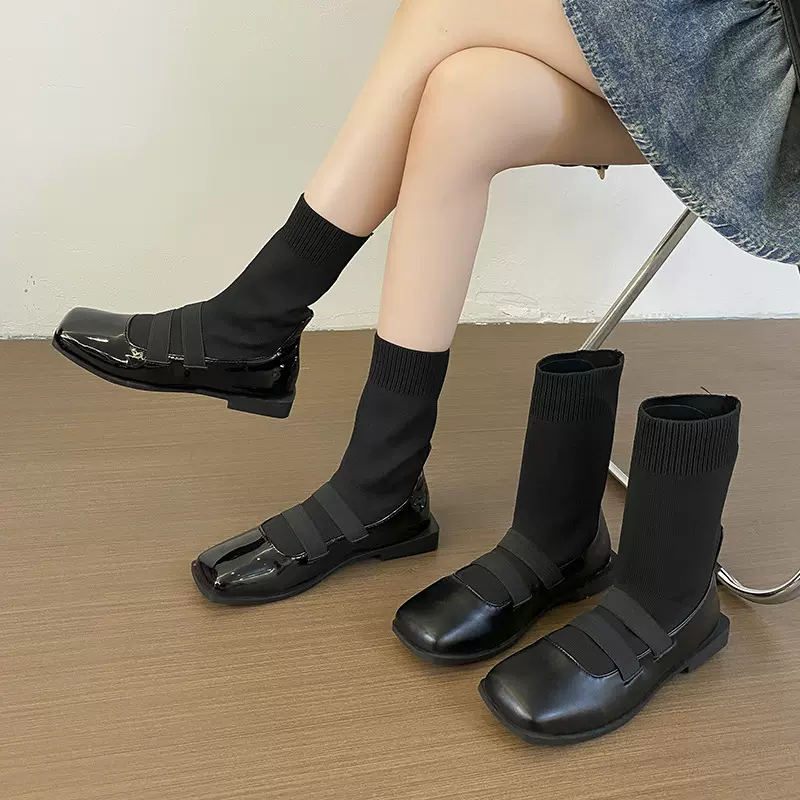 方头针织瘦瘦靴女2025新款秋冬软皮袜靴覆古黑色乐福短靴连袜靴子