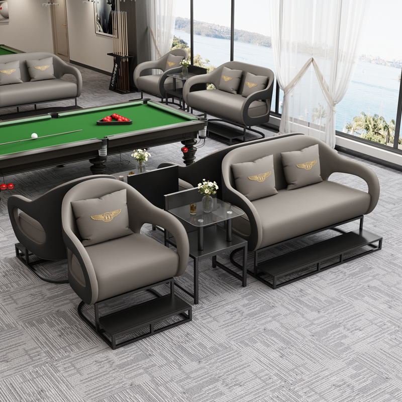 Sala de billar de lujo ligero, sofá, sala de billar, silla para ver el juego, asiento de tarjeta especial para ver el juego, nuevo tipo de combinación de mesa y silla de alta calidad