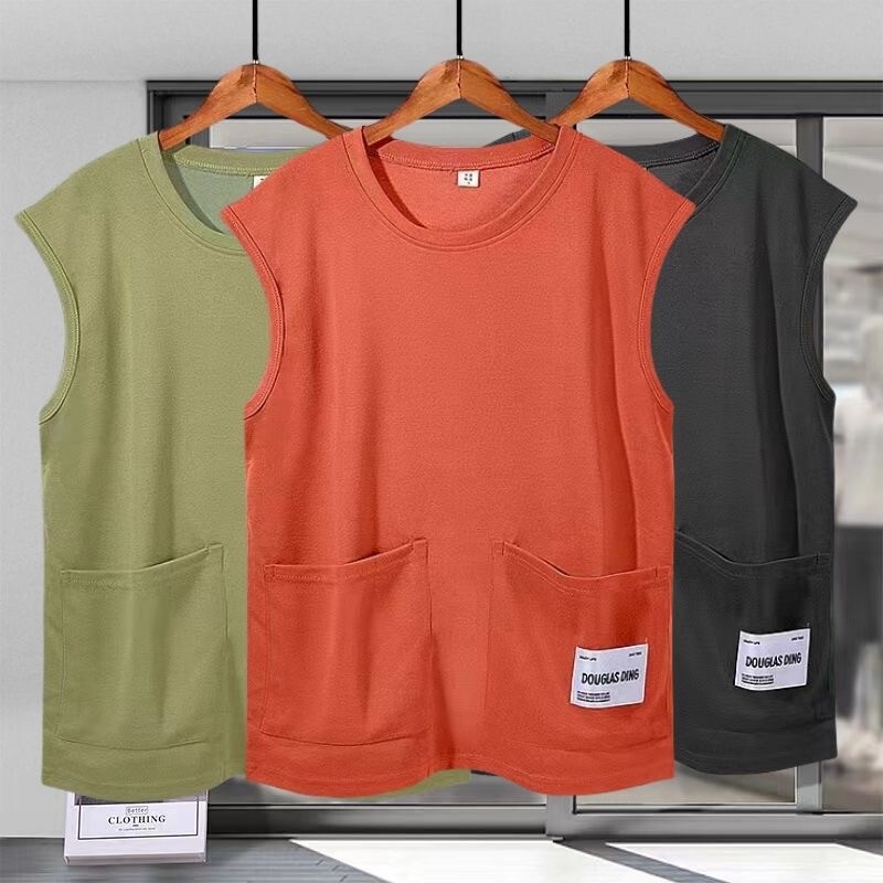 Large Pocket Sleeveless T-shirt Vest Summer New Men's Sports T-shirt Trendy Solid Color Waistcoat Short Sleeve Outer Wear Large Pocket Sleeveless T-shirt Vest Summer New Men's Sports T-shirt Trendy Solid Color Waistcoat Short Sleeve Outer Wear