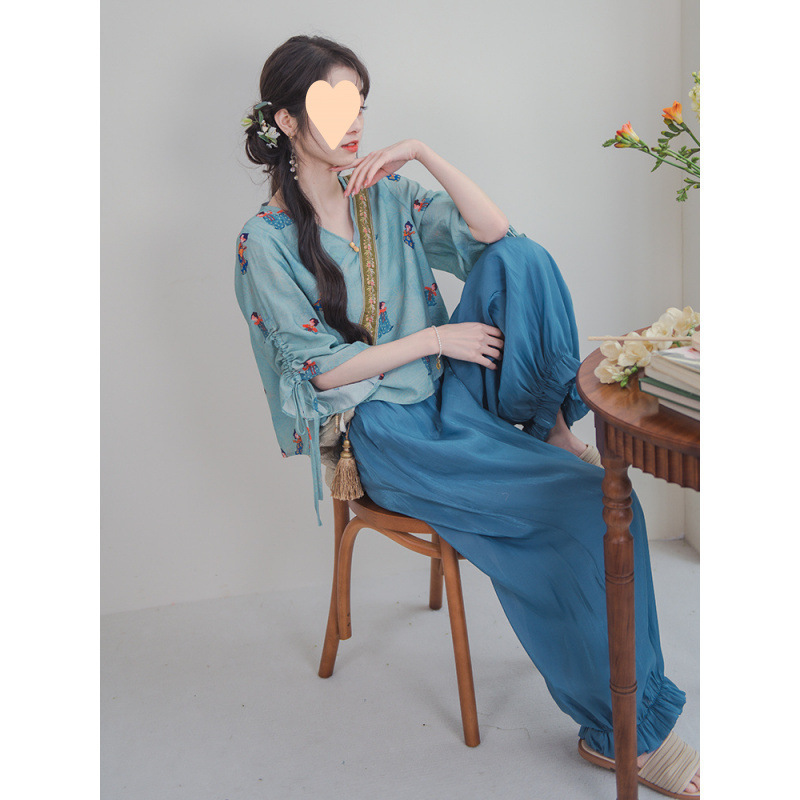 新中国式の国風の上着の刺繍の夏の2つのセットの新型の復古のゆったりしている怠惰な元素のスーツ|undefined