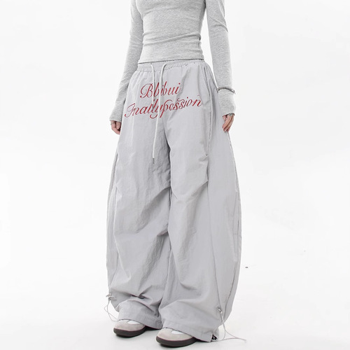 American Retro Letter Embroidered Crepe Parachute Work Pants for Men and Women, Autumn/Winter Design Sense Fleece Wide Leg Bow Knife Pants