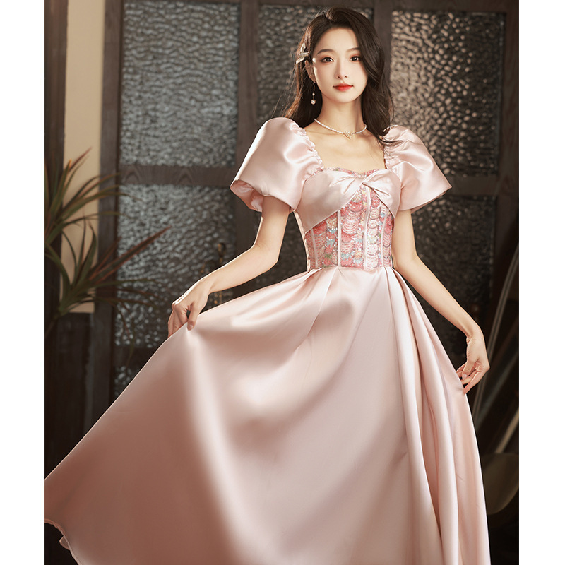 Satin Evening Dress 2025 Pink Host Art Exam French Style Princess Dress Coming-Of-Age Ceremony Graduation Dress Elegant