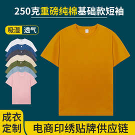 夏重磅纯棉250克小领口圆领短袖T恤衫印制logo广告文化衫半袖现货
