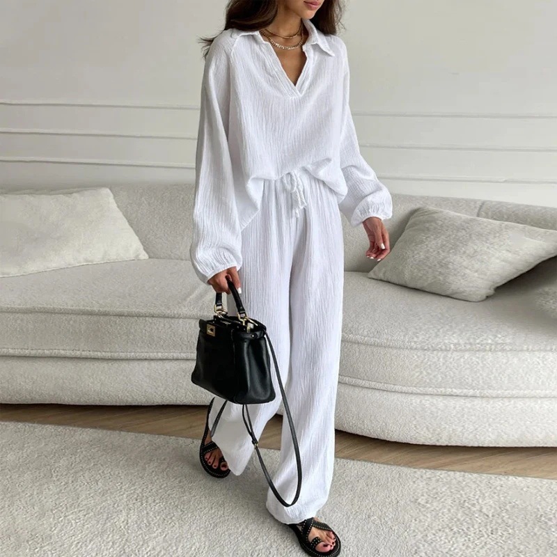 Elegant ladies casual loose suit women's long-sleeved top + drawstring trousers suit spring and autumn turn-down collar two-piece set