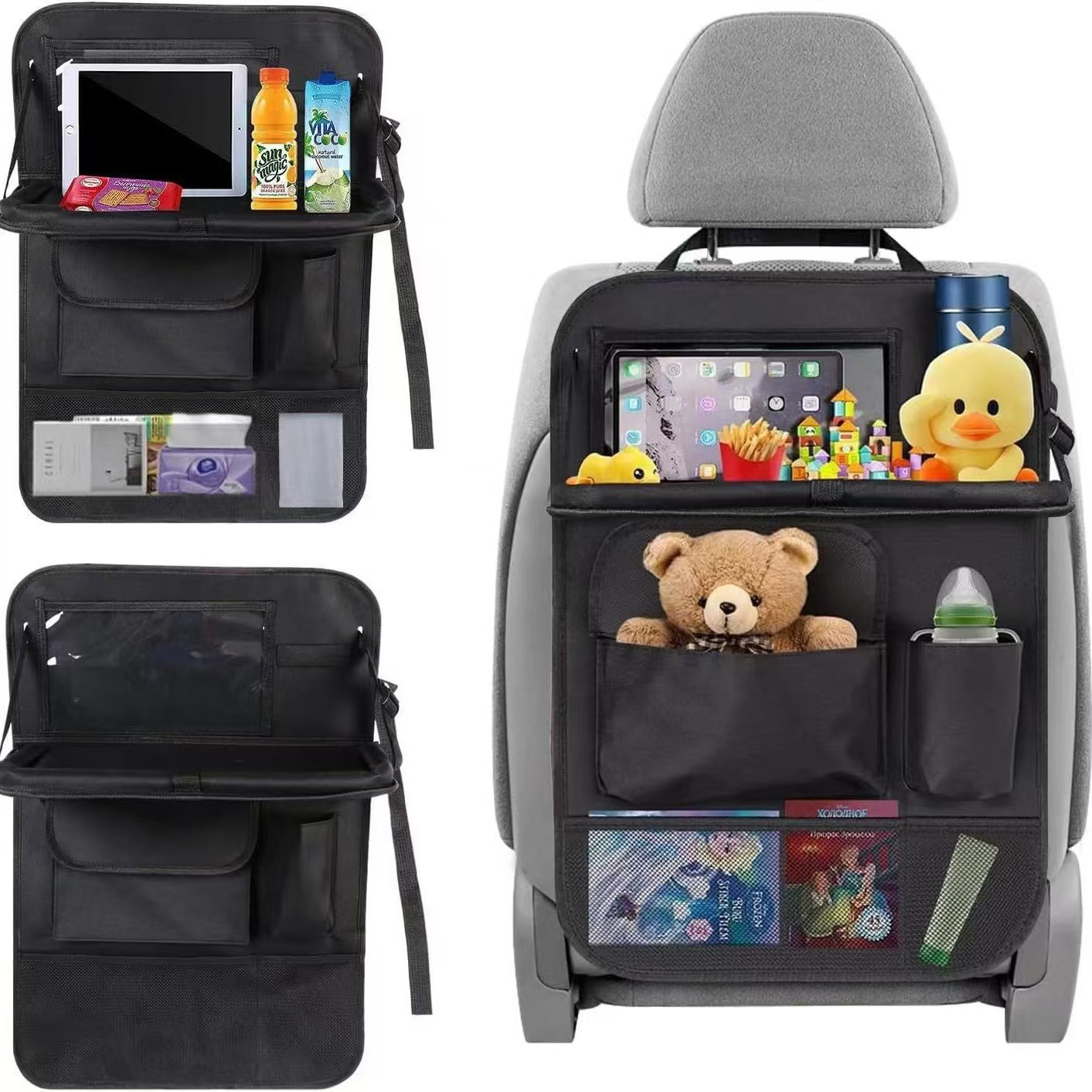 Almacenamiento en la parte posterior del automóvil con bolsa de almacenamiento en la parte posterior del asiento, bolsa de almacenamiento de película transparente visual, mesa pequeña, almacenamiento en el automóvil a prueba de patadas