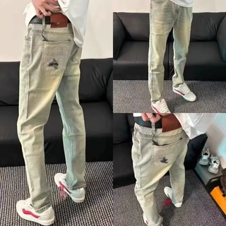 春秋季新款黄泥战马印花牛仔裤休闲直筒同款修身百搭小脚长裤外贸