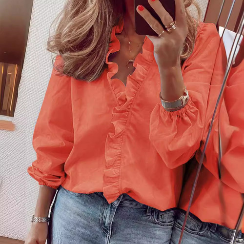 Amazon Wish AliExpress eBay spring/summer European and American style long-sleeved ruffled shirt women's elegant blouse
