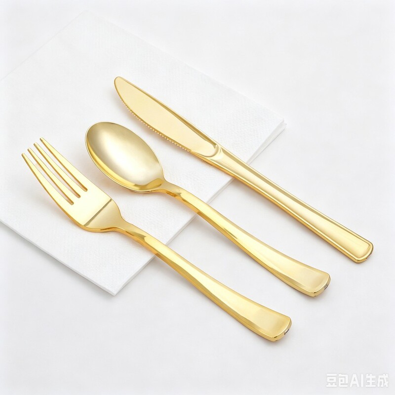 Disposable Plastic Tableware Electroplated in Gold, Silver, and Rose Gold Colors, Including Knives, Forks, and Spoons for Parties, Gatherings, and Buffets Disposable Plastic Tableware Electroplated in Gold, Silver, and Rose Gold Colors, Including Knives, Forks, and Spoons for Parties, Gatherings, and Buffets