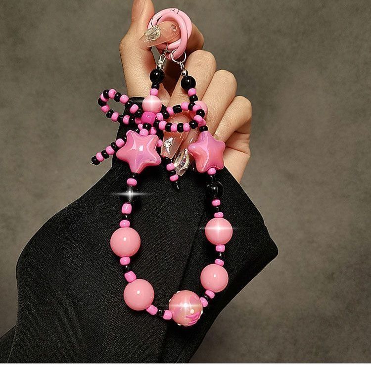 Sweet and Cool Ins Rose Red Star Bow Contrasting Color Bead Chain Short Mobile Phone Lanyard Wrist Strap Ccd Camera Pendant