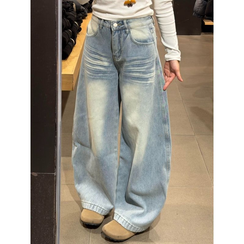 冬季新款宽松显瘦直筒拖地裤子加绒高街做旧口袋刺绣阔腿牛仔裤女