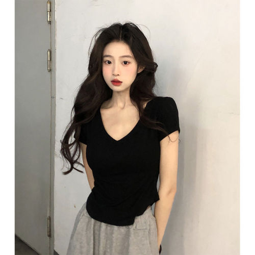 Summer  new Korean version of Internet celebrity pure desire V-neck slim and irregular short-sleeved T-shirt top for women
