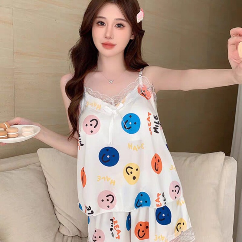 Ice Silk Suspender Pajamas for Women, Summer Style with Chest Pads, Lace, Sexy Home Wear Set 019