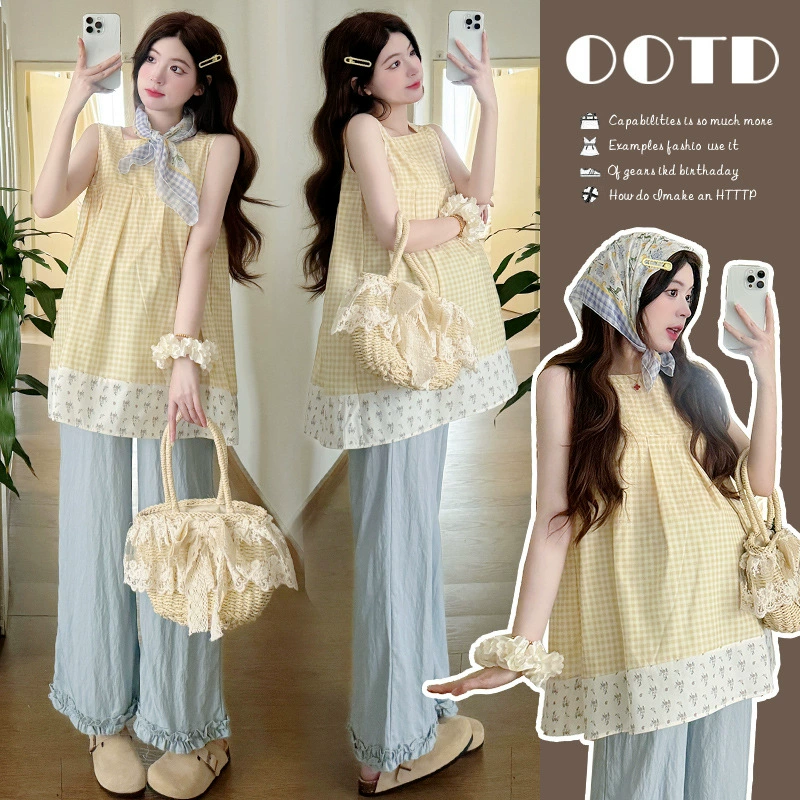 Летняя одежда для беременных 2025 года, модный антивозрастной комплект из двух предметов, новый милый клетчатый топ без рукавов и регулируемые брюки для беременных