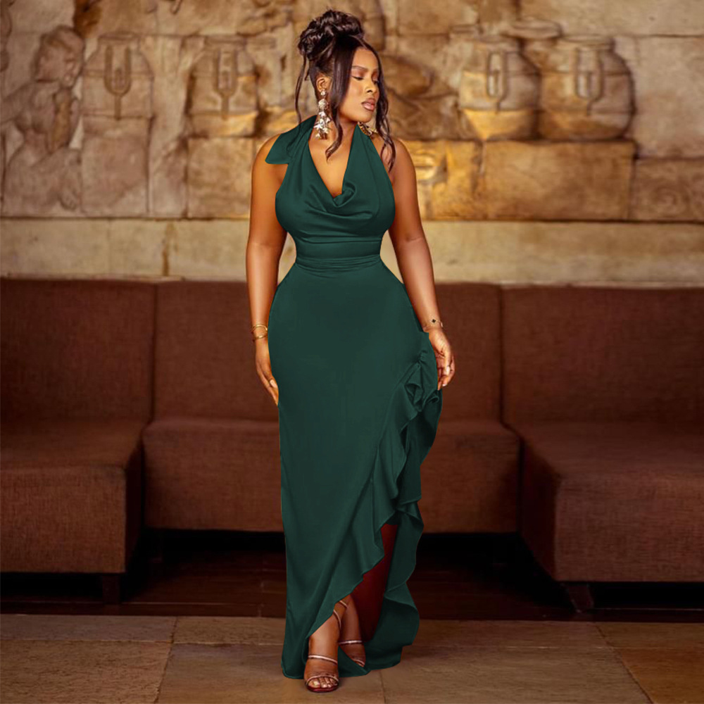 K10440 ropa de mujer transfronteriza europea y americana AliExpress popular swing collar Halter vestido sexy vestido con volantes sin espalda image 5