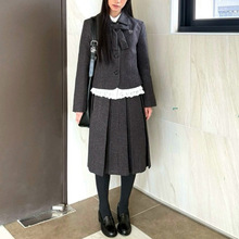 日系复古学院风灰色毛呢连衣裙子女2025秋冬新款收腰气质长裙套装