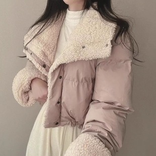 Short Lapel Jacket for Women, Korean Style Imitation Lamb Wool Cotton Jacket, Loose Double-Sided Long-Sleeved Bread Jacket, Outer Cotton Jacket for Winter