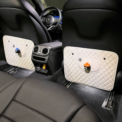 Car Anti-Kick Pad, Universal Rear — Chair back anti-kick pad - blue-hat-orange-hat-briquettes-white-anti-kick-pad-short-style