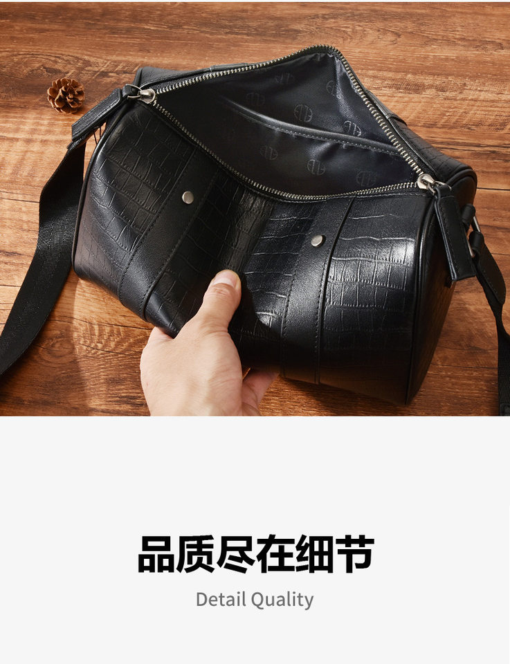 Túi đeo chéo nam da bò thật họa tiết cá sấu, túi đeo vai siêu nhẹ đựng vừa máy tính bảng 8 inch — Màu nâu, hoa văn cá sấu đen, màu đen chi tiết 14