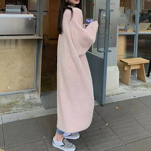 Autumn and winter extra long imitation mink velvet sweater cardigan for women new loose lazy knitted coat temperament coat