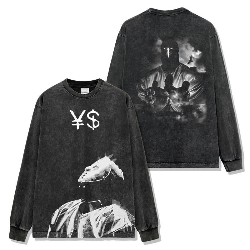Cross-border American hip-hop kid Kanye West printed short-sleeved T-shirt heavy long-sleeved round neck hooded sweatshirt men