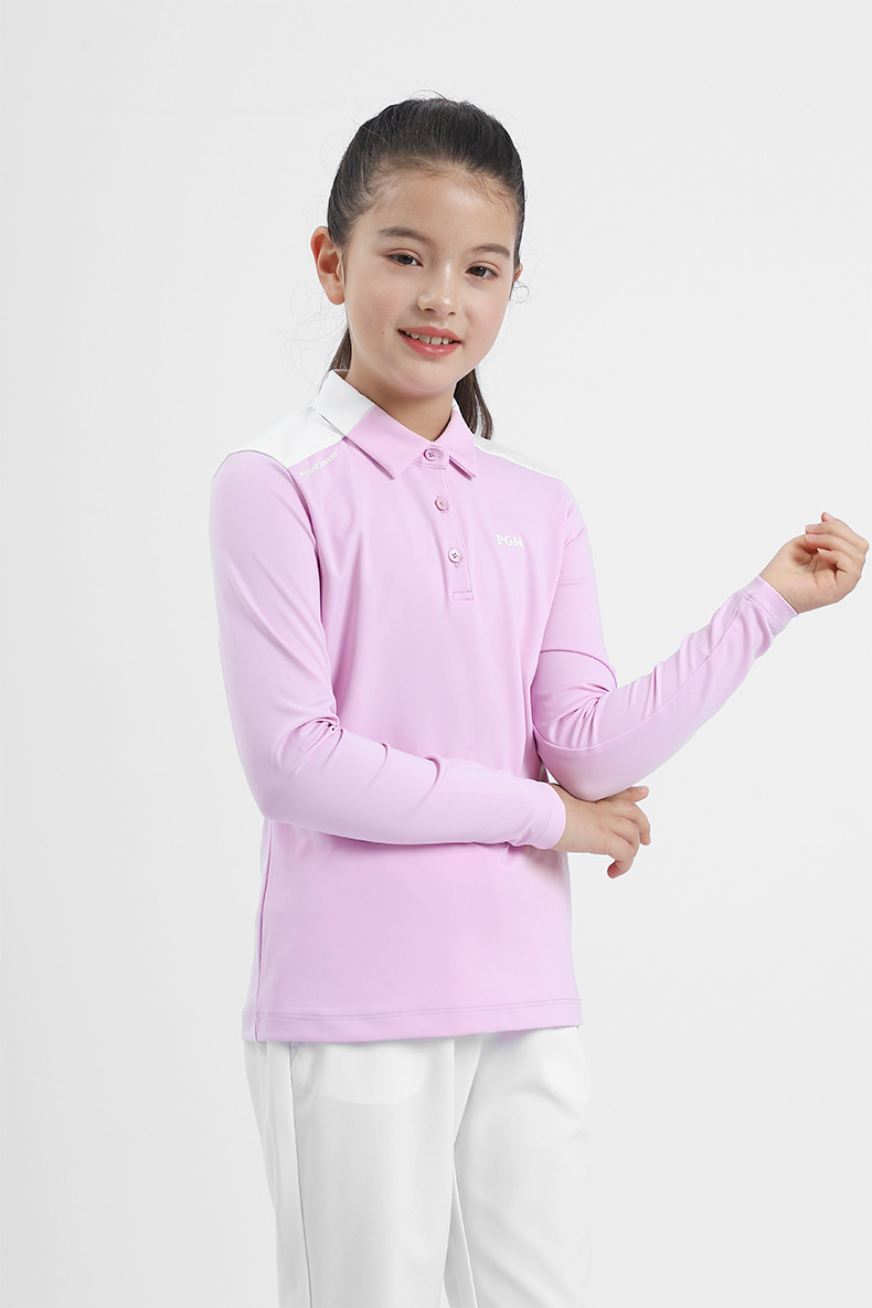 Áo thun golf dài tay bé gái PGM cổ bẻ phối sọc — YF219 màu hồng, YF548-màu trắng, YF219 màu trắng, YF548-màu xanh nước biển chi tiết 9