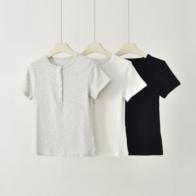 Tencel Cotton Henry Collar Solid Color Ribbed Short-Sleeved T-Shirt for Women, New Summer Style, Slim Fit, Versatile Casual Top Tencel Cotton Henry Collar Solid Color Ribbed Short-Sleeved T-Shirt for Women, New Summer Style, Slim Fit, Versatile Casual Top