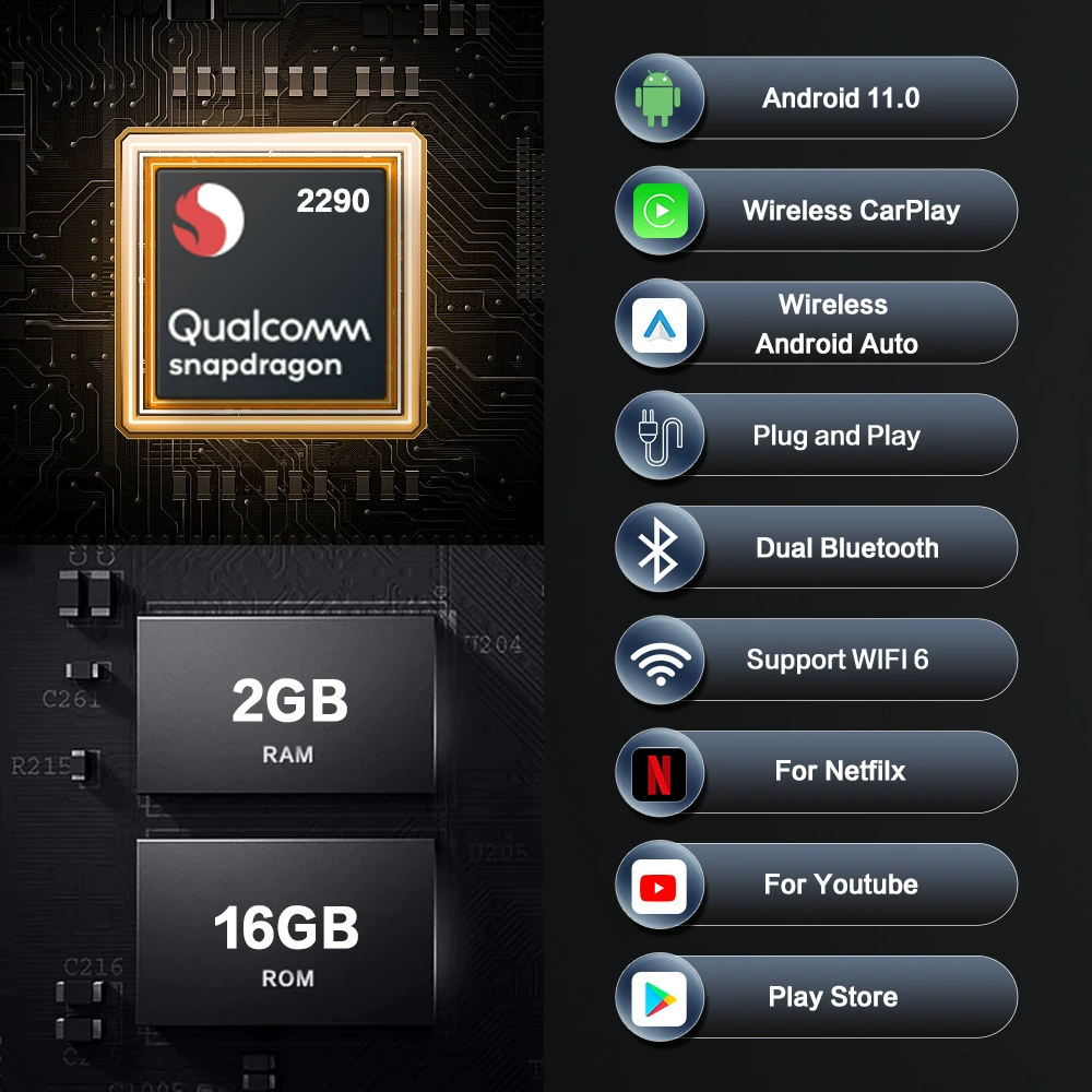 Беспроводной Box CarPlay проводной перевод беспроводной CarPlay Android Box Qualcomm 2290 процессор 2ГБ+16ГБ