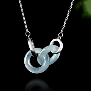 Natural Jade A cargo blue water double jade ring pendant jade buckle necklace S925 silver inlaid ice jade pendant fashion