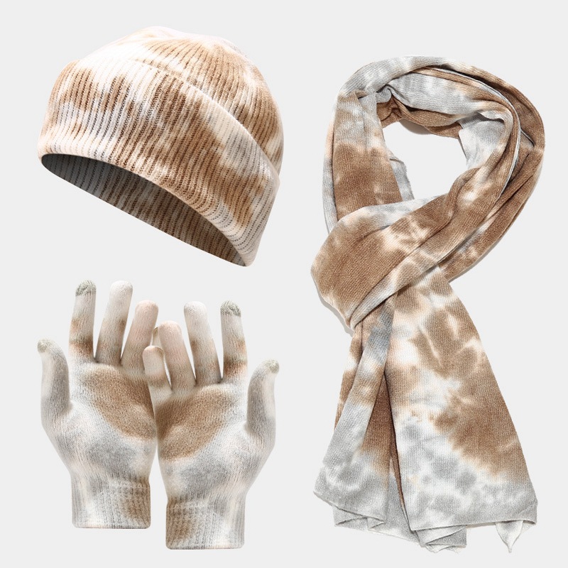 New Tie Dyed Knitted Glove Scarf Women's Autumn and Winter Outdoor Cold Protection Hat Three piece Set for Men_voghion.com