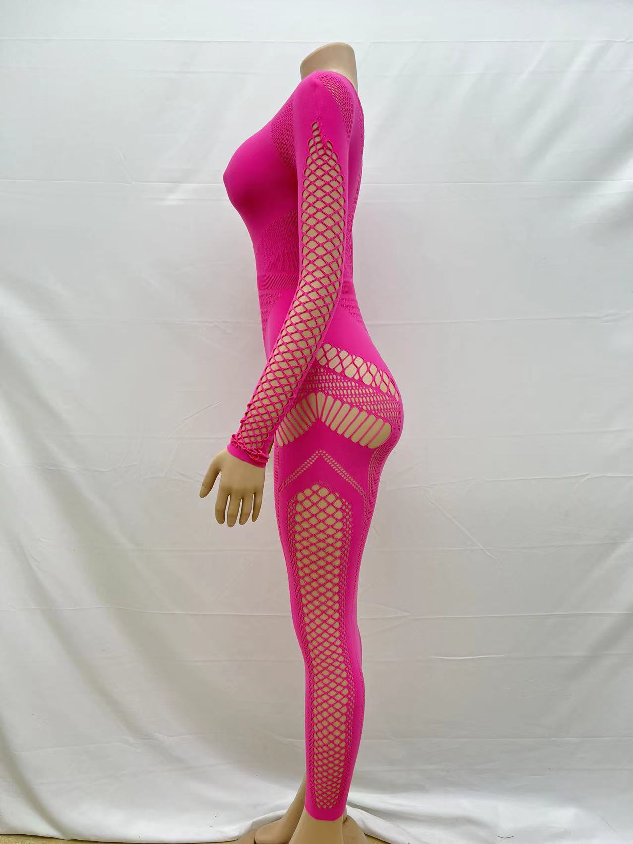Solid Color round Neck Sexy Slim Hollow Out Cutout Long Sleeve One Piece Knitted Long Sheath One Step Jumpsuit