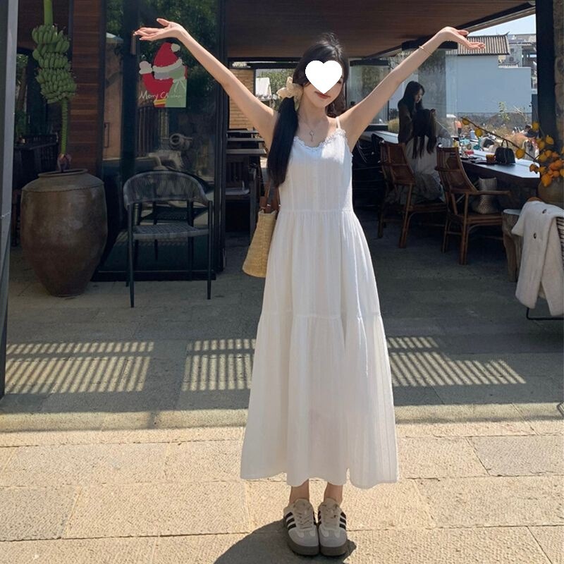 白月光吊带连衣裙夏季新款森系气质白色甜美法式收腰仙女白裙子夏|undefined