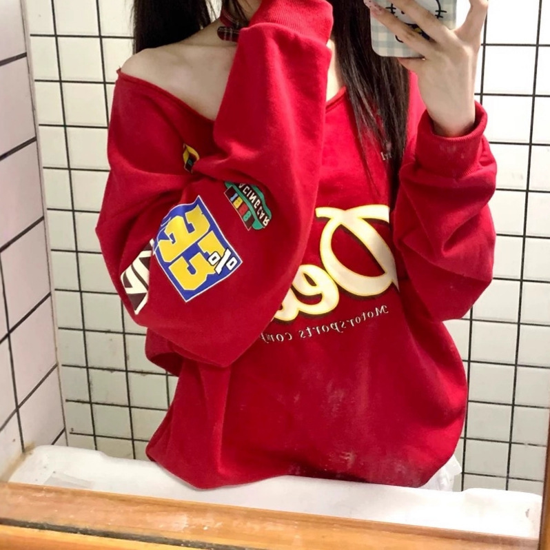 美式复古红色斜肩长袖卫衣女秋冬新款字母印花宽松辣妹露肩上衣潮|undefined
