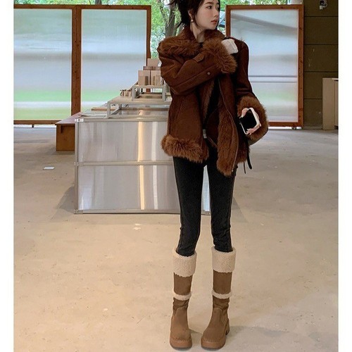 Sheep Lamb Snow Ground Length Boots Women Winter Fleece Lined Petite Heel Height Fashion Boots Warm Cotton Boot