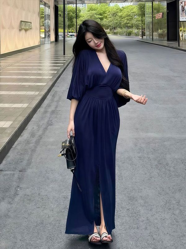 纯欲辣妹V领蓬蓬袖开叉连衣裙女夏季新款修身显瘦高级感包臀长裙|undefined