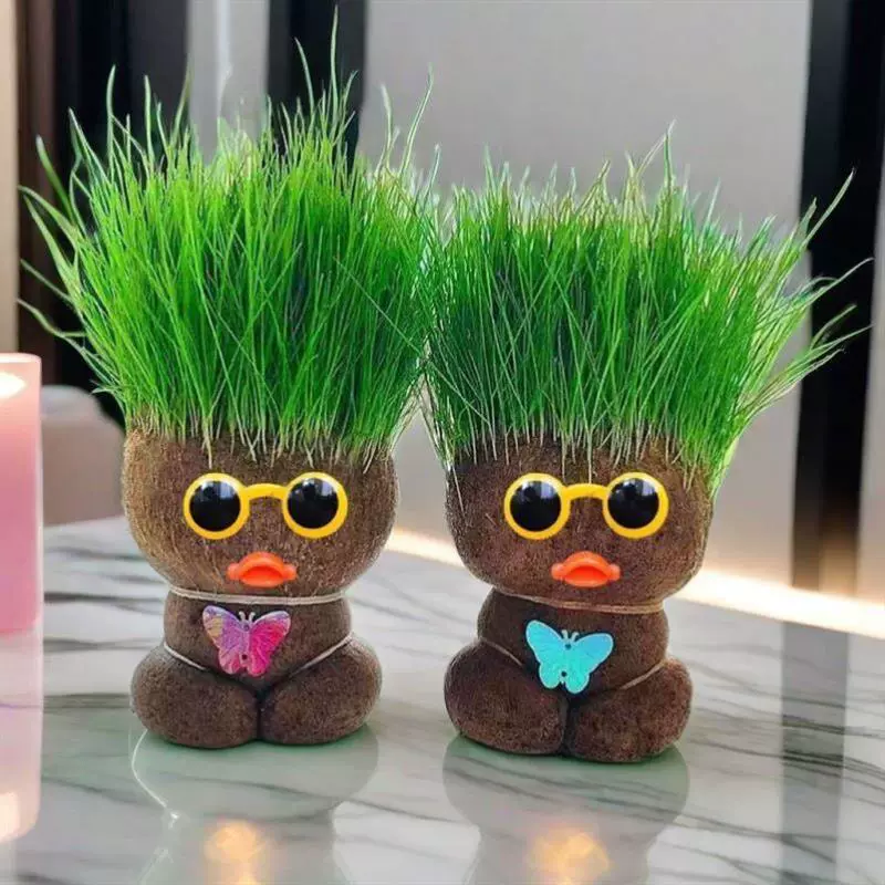 Маленькое растение в горшке для дома, балкона, стиль TikTok, милый настольный декор, цветущая кукла, новая кукла с травяной головой.