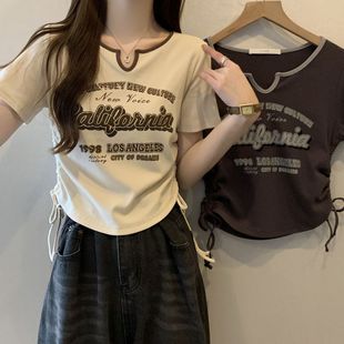 Short-sleeved T-shirt Women's 2025 Summer New Style Small Short American Style Retro Sweet Spicy Slim Drawstring T-shirt Top