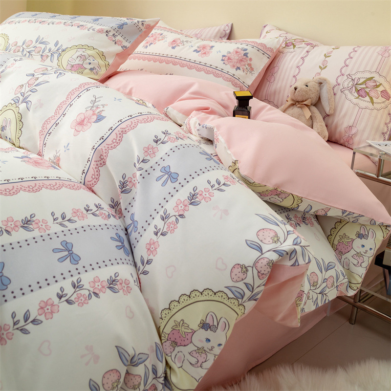 Cama de algodón de dibujos animados de cuatro piezas 100 algodón desnudo edredón sábana dormitorio de verano ropa de cama de tres piezas 4