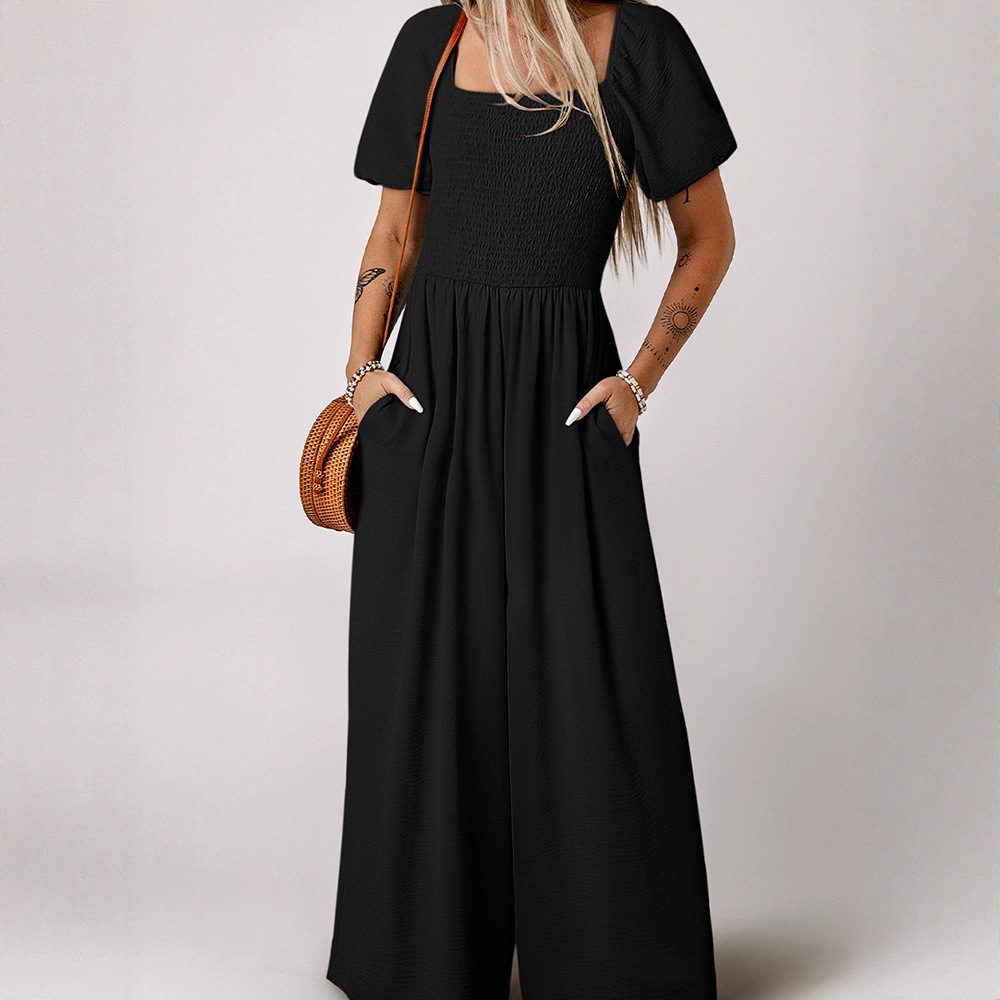 2025 Summer New Short-Sleeve Jumpsuit for Women, European and American Style, Solid Color, Casual, Loose, High-Waisted Wide-Leg Pants for Women