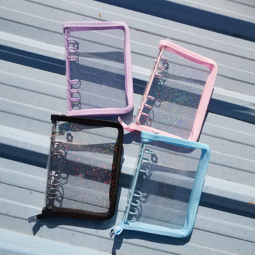 Japanese and Korean ins glitter powder 6-hole loose-leaf notebook zipper edge transparent glitter star chasing notebook shell